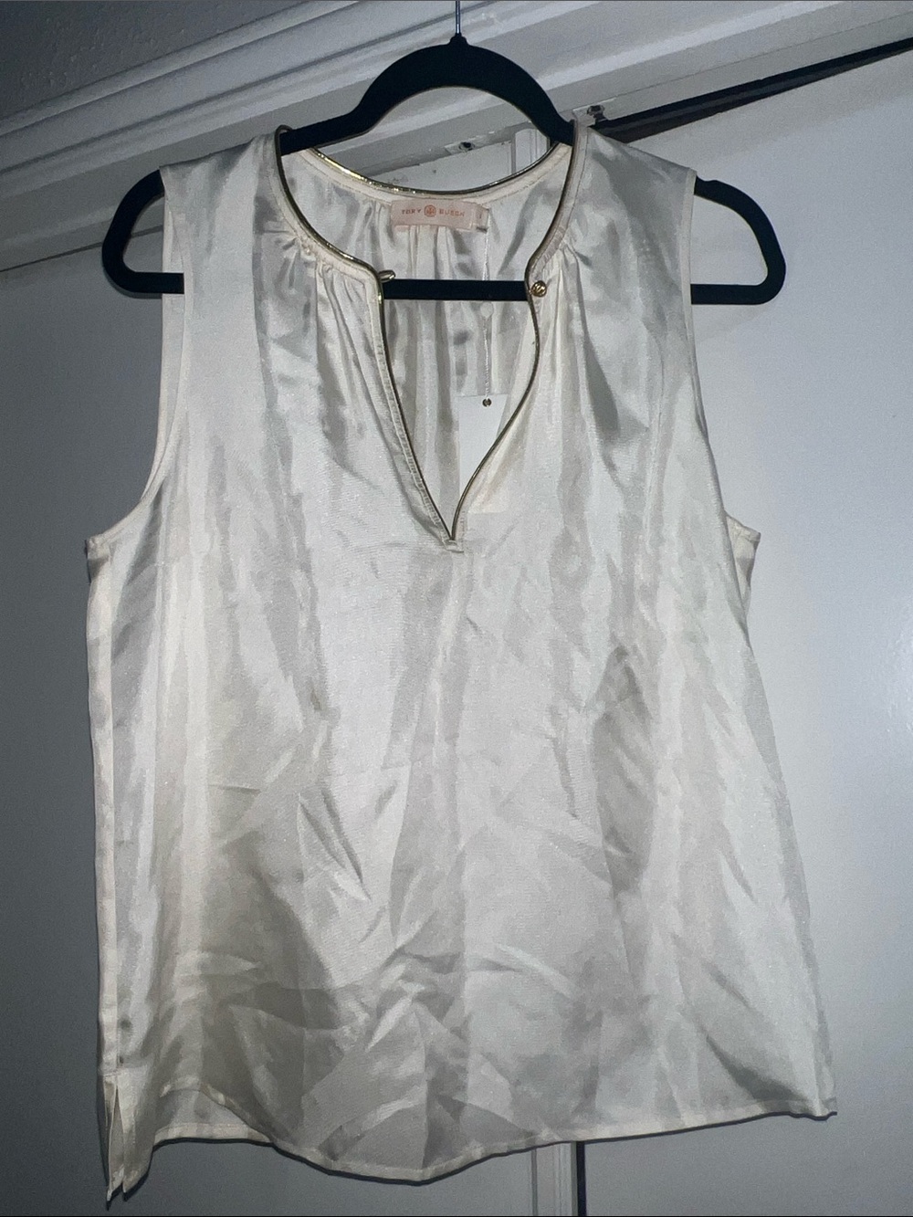 Tory Burch Ivory Satin Sleeveless Shell with Gold Trim